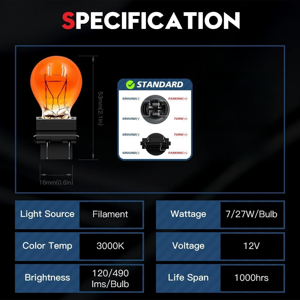 10 x 3157 12V 27/7W P27/7W Amber Coated Dual filament incandescent globes 10pcs