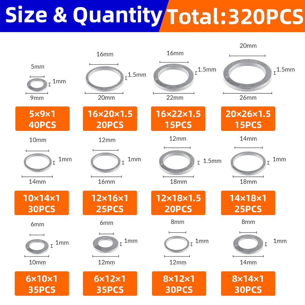 320pcs Aluminum Flat Washers Assortment Kits 12 Sizes M5-M20 Crush Washers