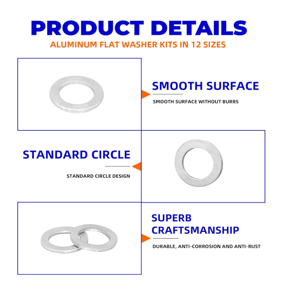 320pcs Aluminum Flat Washers Assortment Kits 12 Sizes M5-M20 Crush Washers
