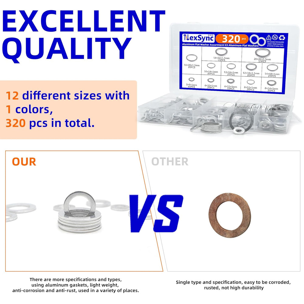 320pcs Aluminum Flat Washers Assortment Kits 12 Sizes M5-M20 Crush Washers