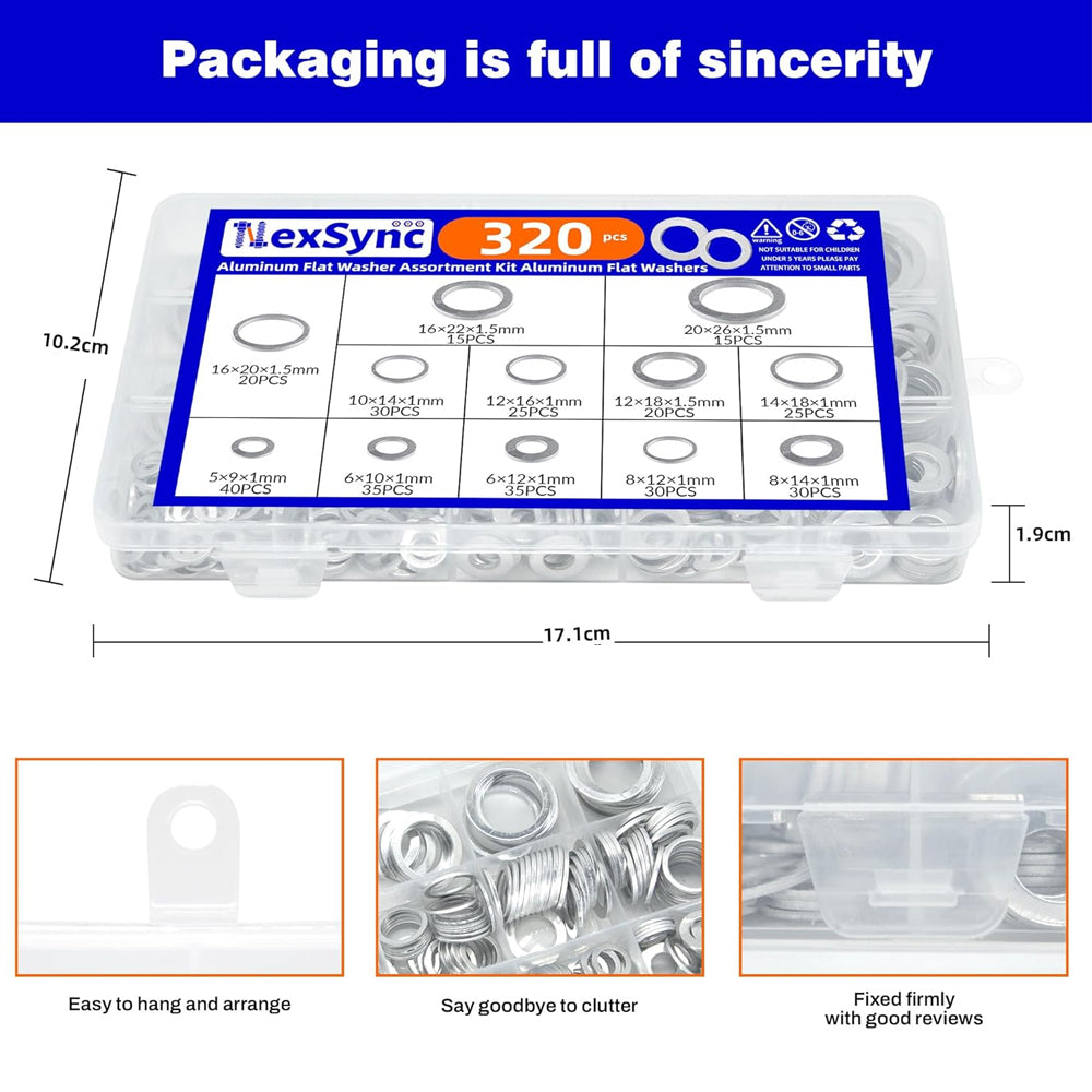320pcs Aluminum Flat Washers Assortment Kits 12 Sizes M5-M20 Crush Washers