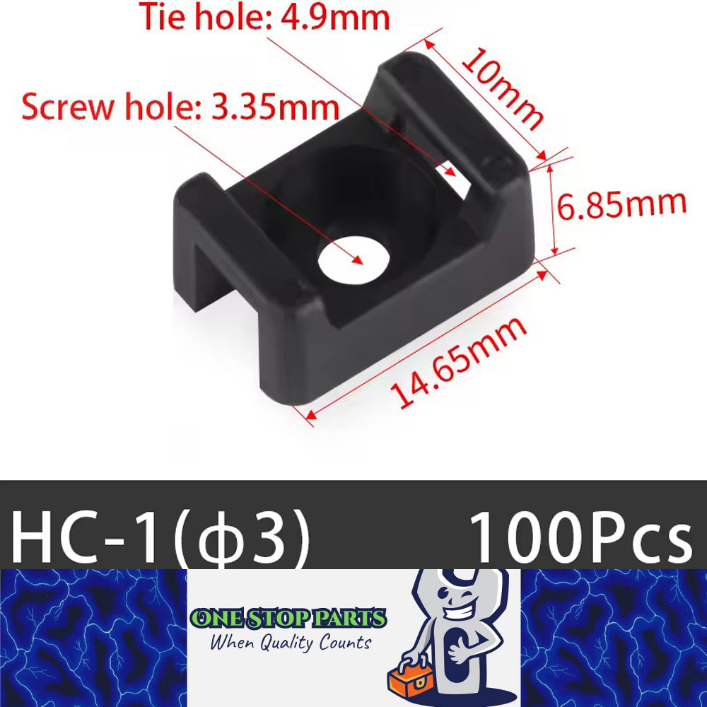 100 X Black Cable tie Mounts Plastic 3.35mm Centre screw or pop rivet base