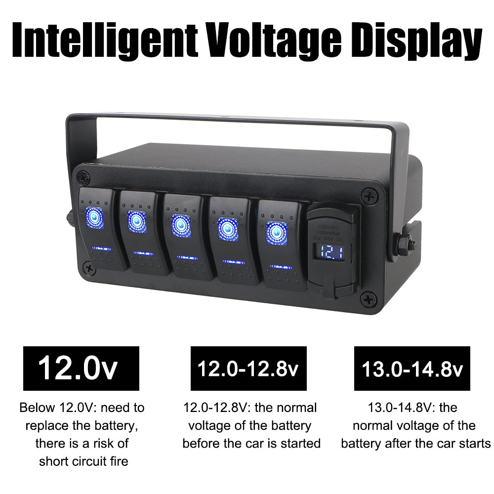 5 Gang Rocker Switch Panel Rotate Box with PD + QC3.0 USB Outlet and Voltmeter