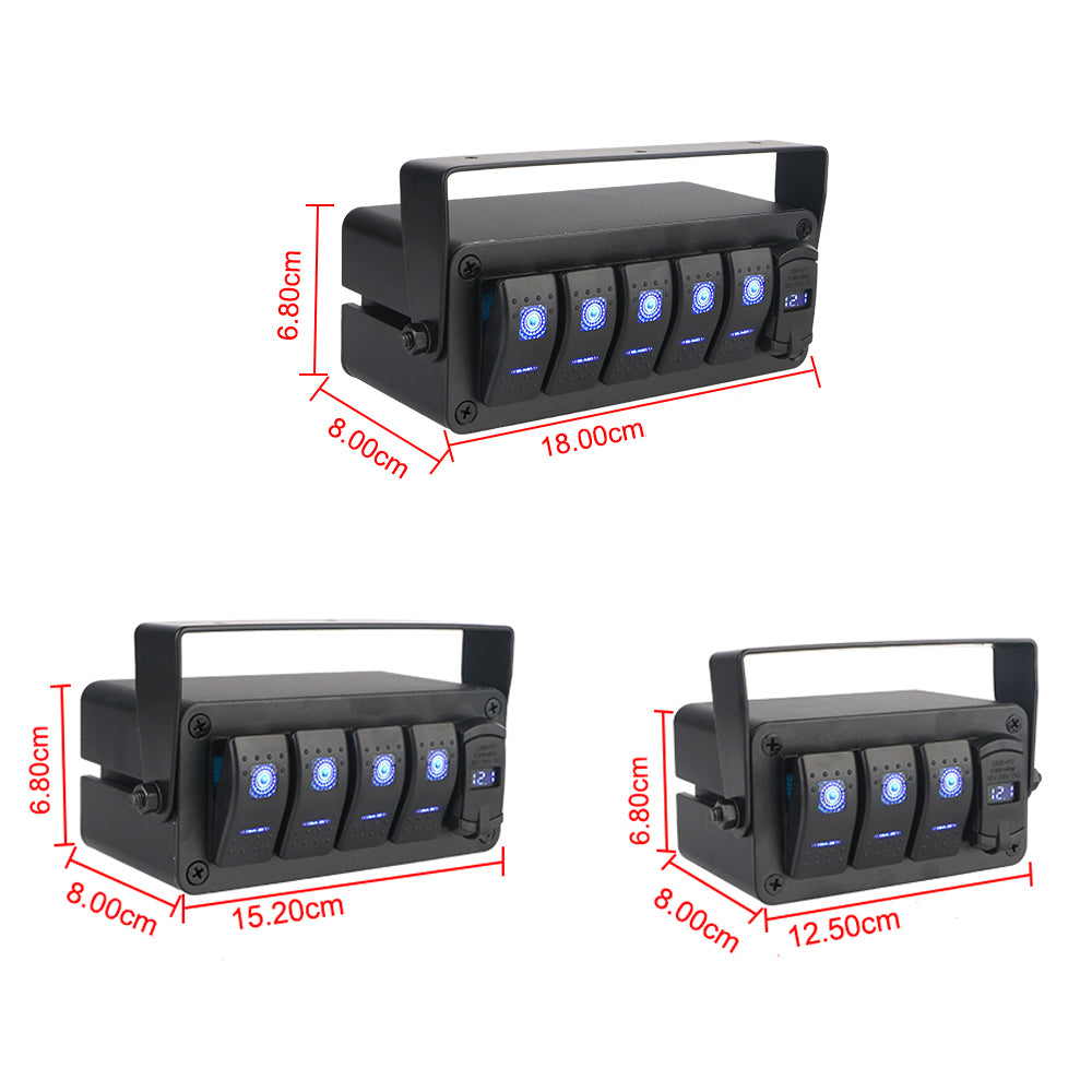5 Gang Rocker Switch Panel Rotate Box with PD + QC3.0 USB Outlet and Voltmeter
