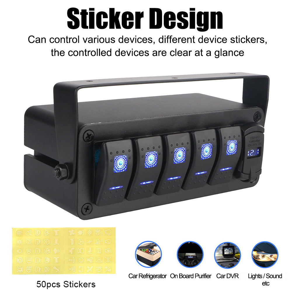 4 Gang Rocker Switch Panel Rotate Box with PD + QC3.0 USB Outlet and Voltmeter