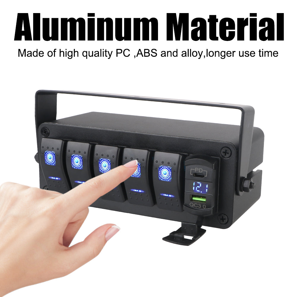 5 Gang Rocker Switch Panel Rotate Box with PD + QC3.0 USB Outlet and Voltmeter