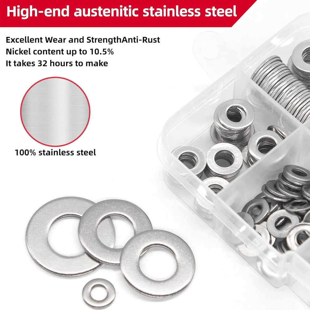360pcs 304 Stainless Steel Flat Washer Kit M2–M10 8 Size for Home Car Repair DIY