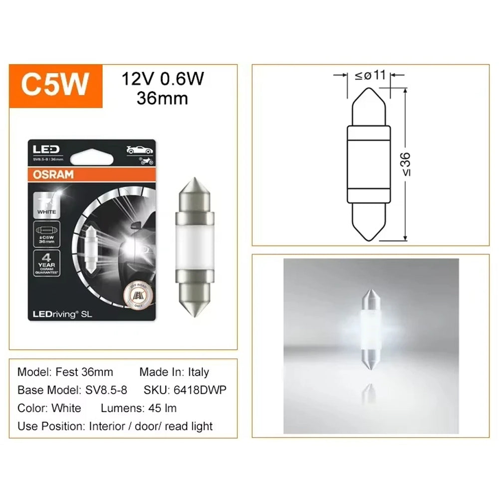 1 x OSRAM C5W LED Festoon 36mm 12V 6000K White LEDriving SL Osram 36mm Festoon
