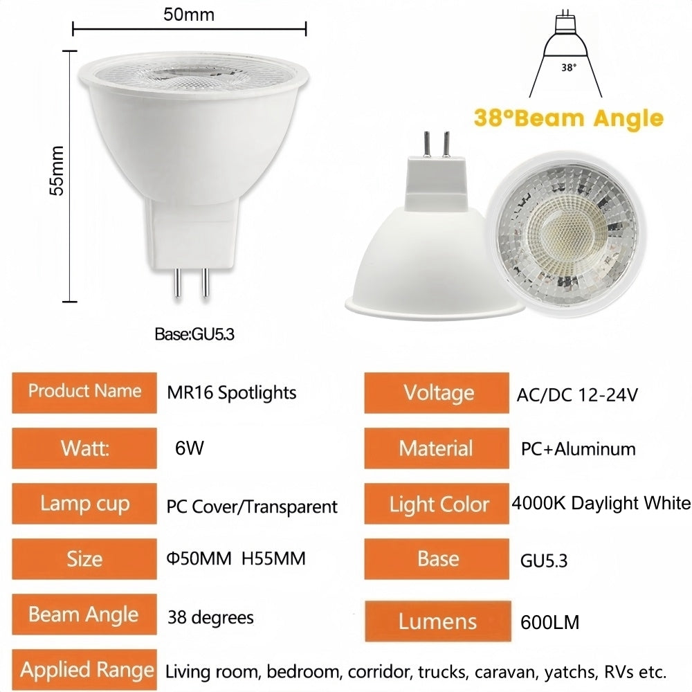 MR16 6W LED Spotlight AC/DC 12V-24V 38 Degree 4000K Daylight White Downlight