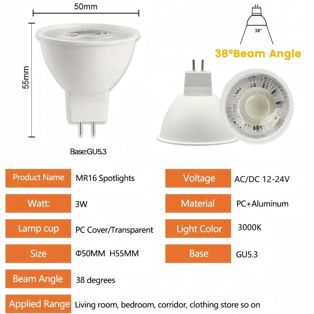 15 x MR16 3W LED Spotlight AC/DC 12V-24V 38 Degree 3000K Warm White Downlight