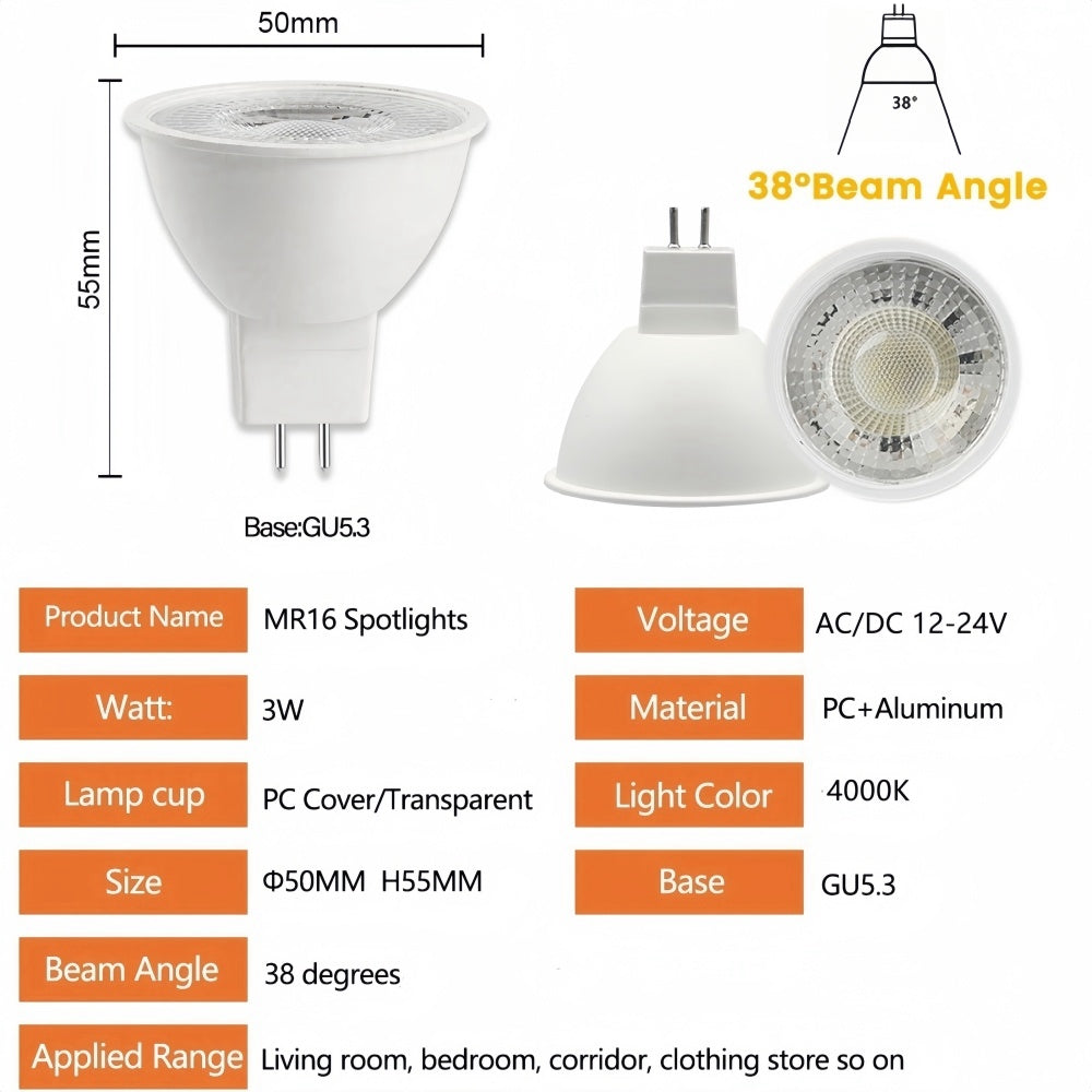 10x MR16 3W LED Spotlight AC/DC 12V-24V 38 Degree 4000K Daylight White Downlight