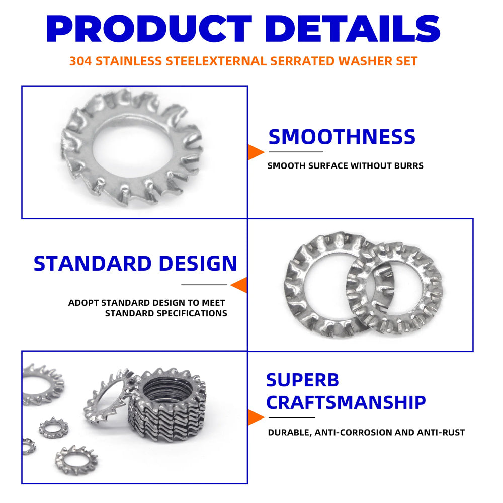 160pcs External Serrated Lock Washer M3–M12 Stainless Steel Toothed Lock Washer