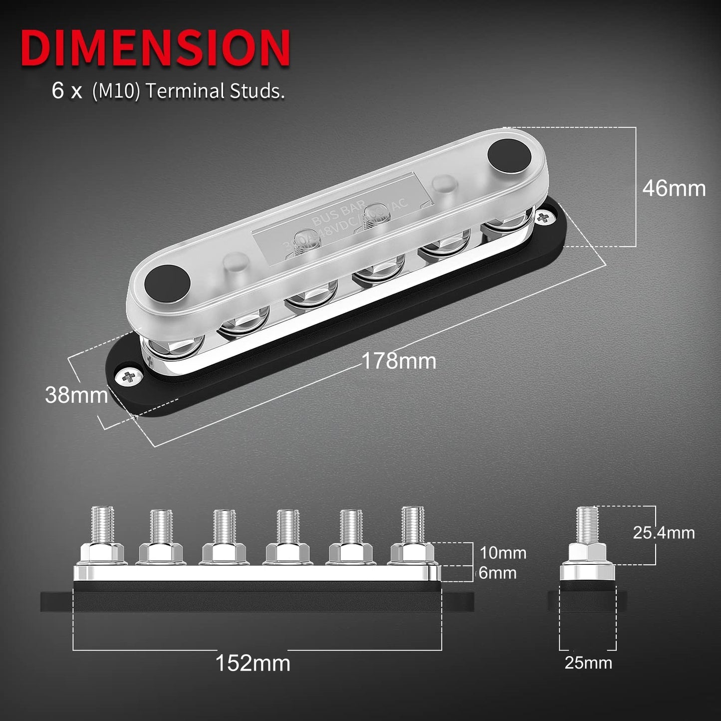 M10 Bus Bar 12V-48V 300A Power Distribution Block 6 x M10 Posts Studs Terminals