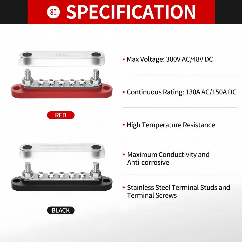 M6 Bus Bar 12V-48V 150A Power Distribution Block 2xM6 Posts Studs 5xM4 Terminals