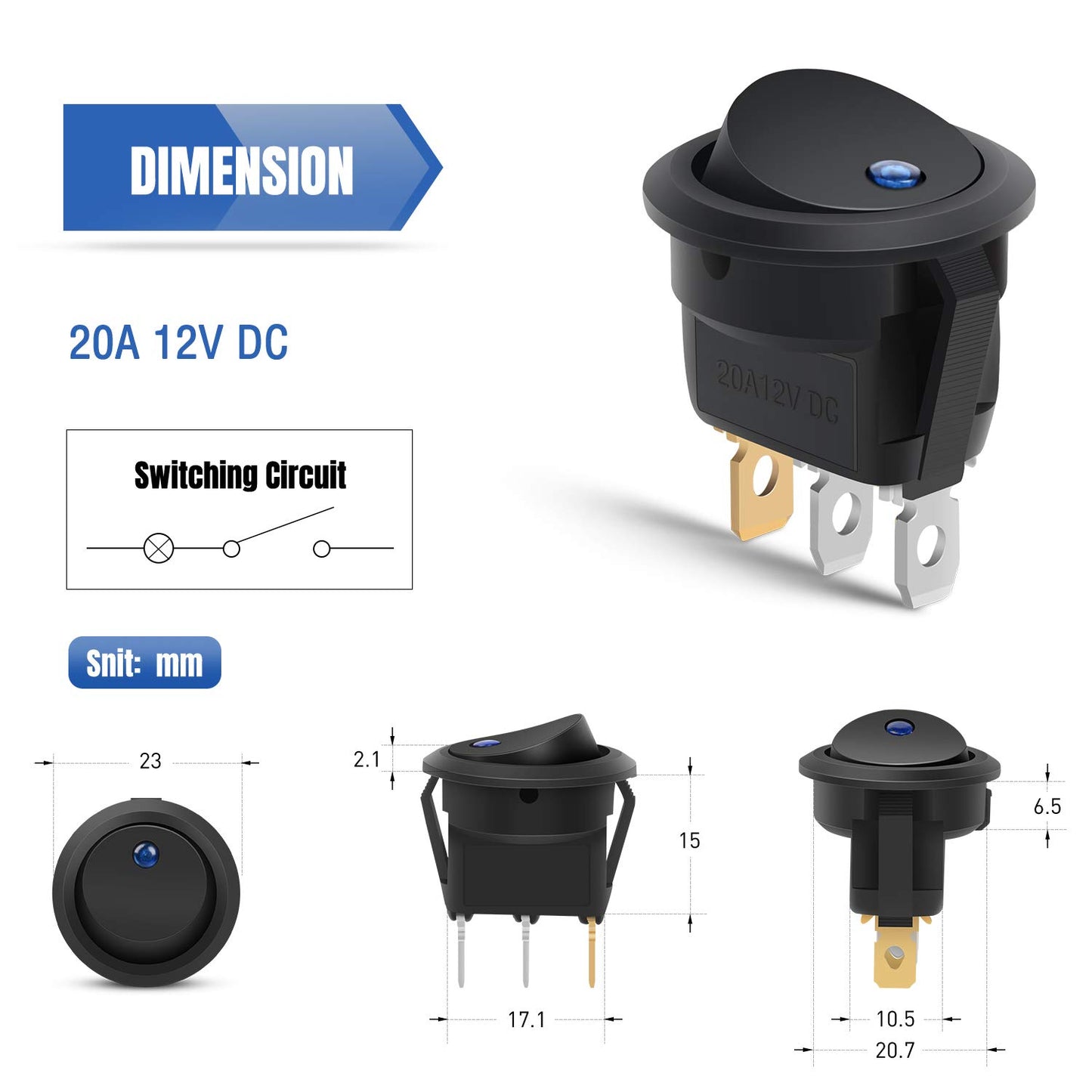 10 x Round Rocker Switch Car Boat Dashboard 3 Pin ON-OFF 12V 20A Switch Blue LED
