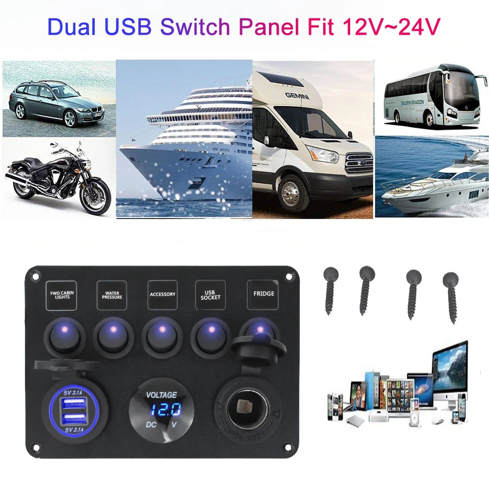 12-24V Blue 5 Switch Panel USB Port 12V Outlet Combination Marine LED Rocker
