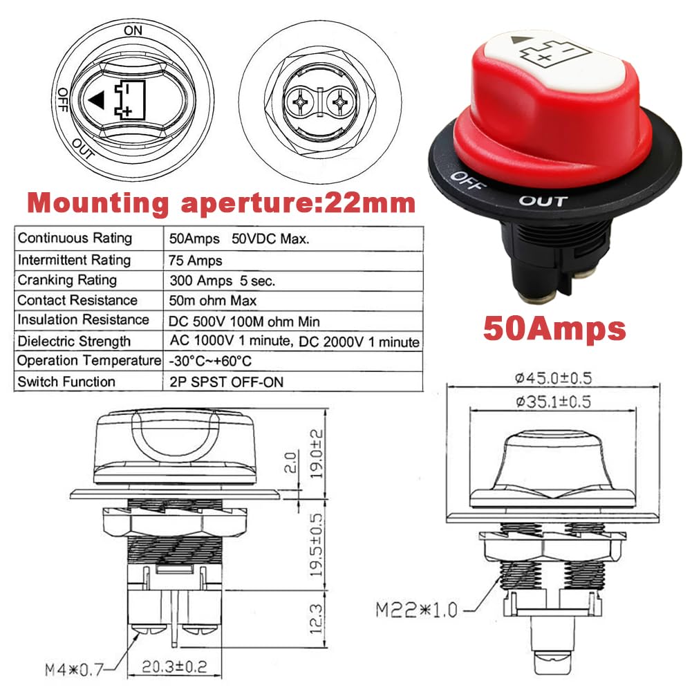 12V 50Amp Isolator Switch Battery Disconnect Switch for Motorbike Car Boat RV