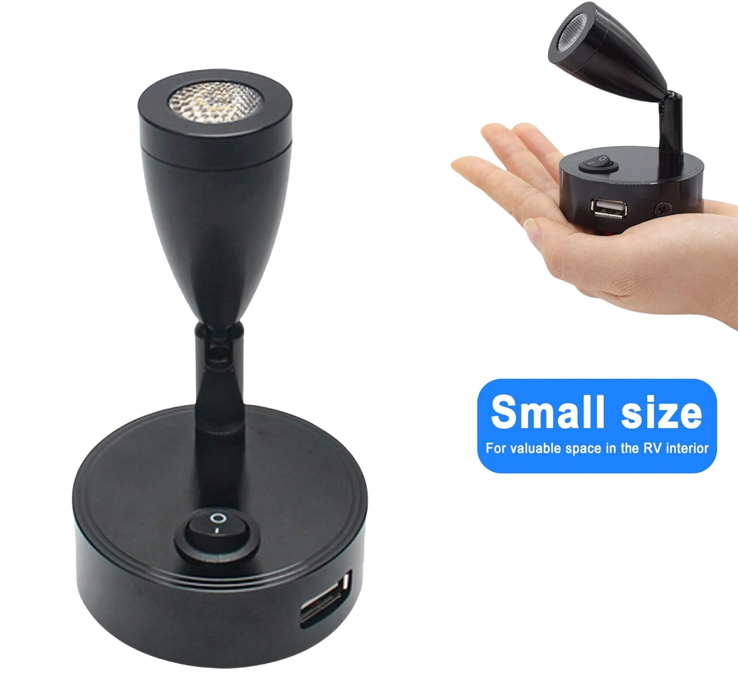 12v-24v Black Warm White LED Bedside Reading Light with Switch and USB (1pc)