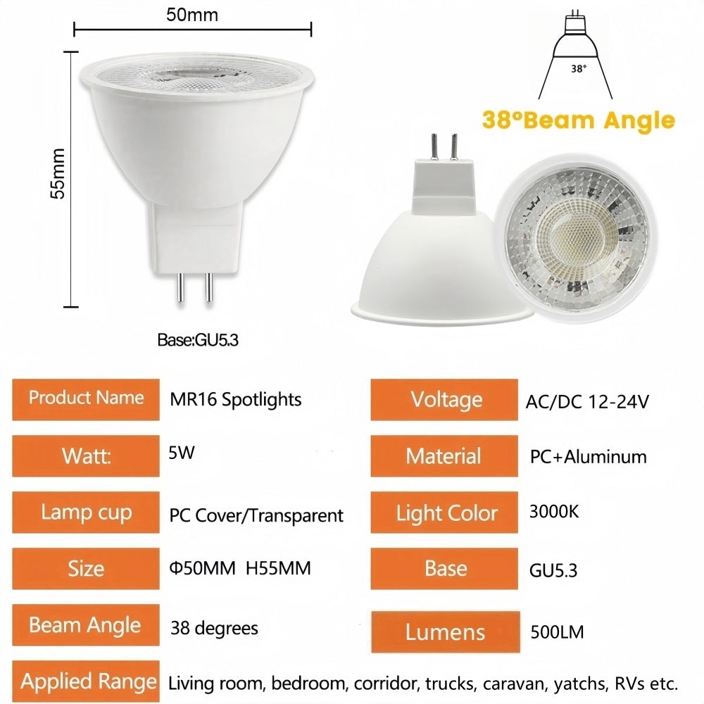 8 x MR16 5W LED Spotlight AC/DC 12V-24V 38 Degree 3000K Warm White Downlight