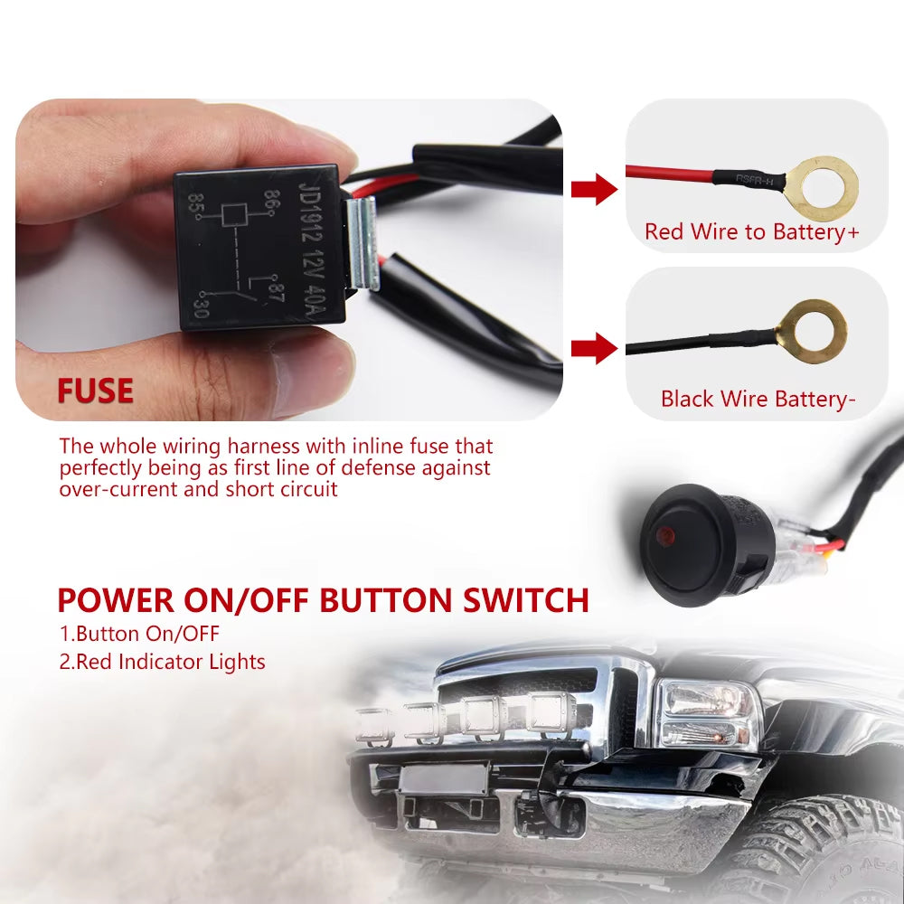 3M 12V 40A 20AWG Wiring Harness Relay Loom Cable Kit for LED Light bar Work Lamp