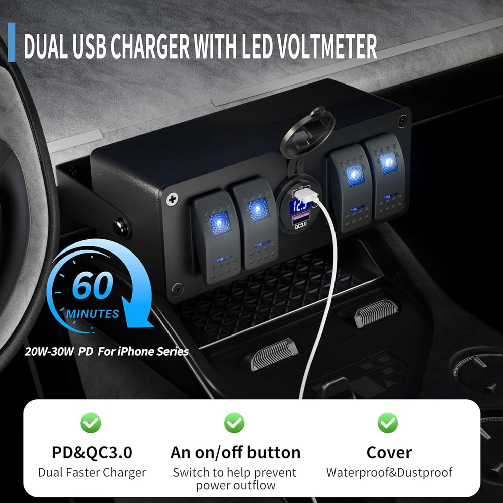 4 Gang Rocker Switch Box Switch Panel with PD + QC3.0 USB Outlet and Voltmeter