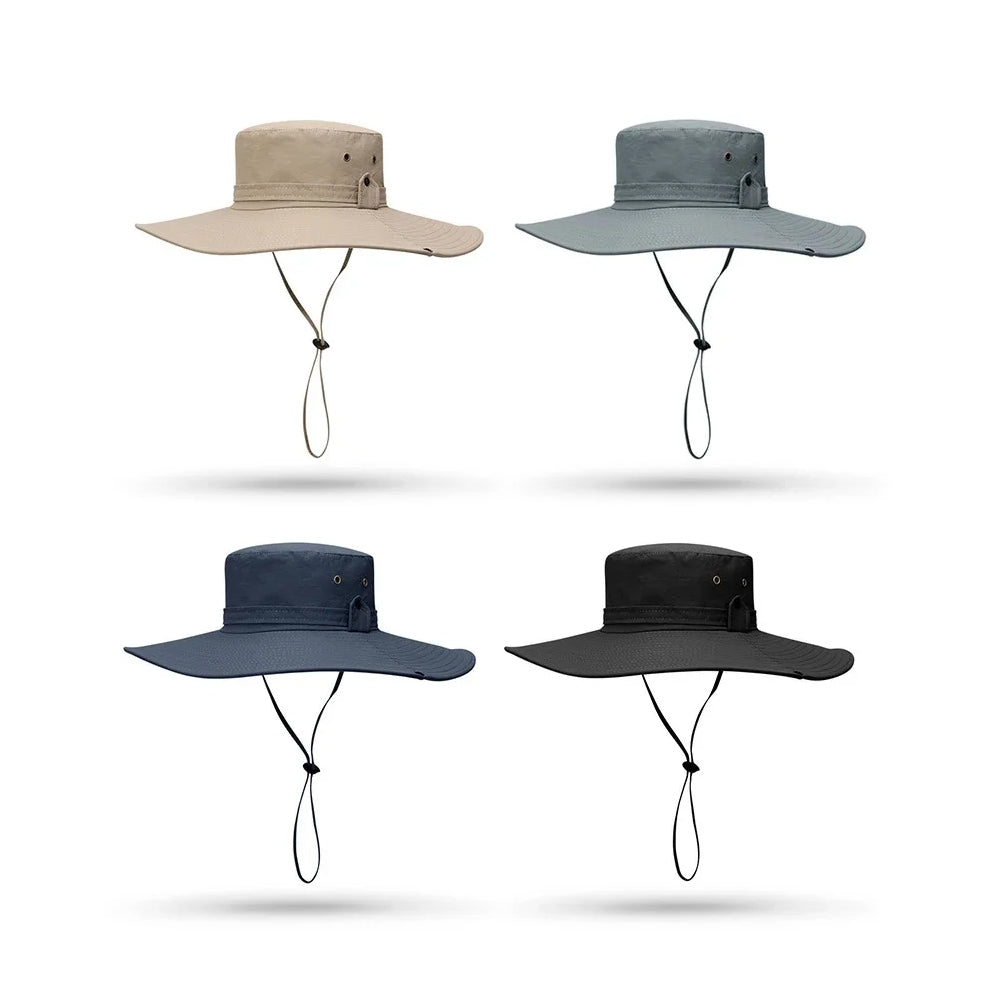 DarkBlue Men Anti-UV Sun Hat Wide Brim Mesh Panama Camping Hiking Fisherman Hat