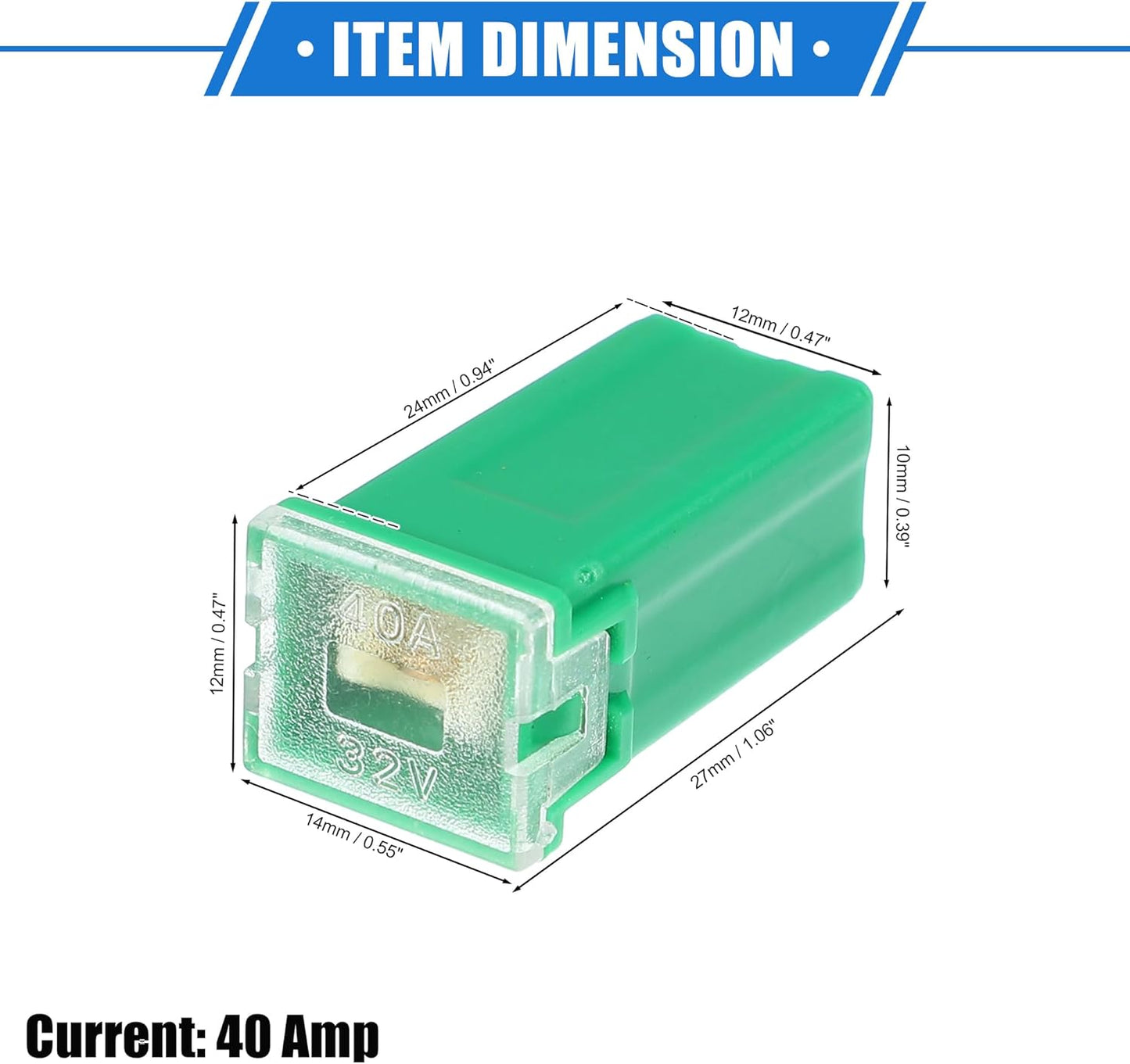 1 x 40Amp Green Small Slow Blow Fuse Block 10mmx12mm x 27mm High 40A Fuse (1pc)