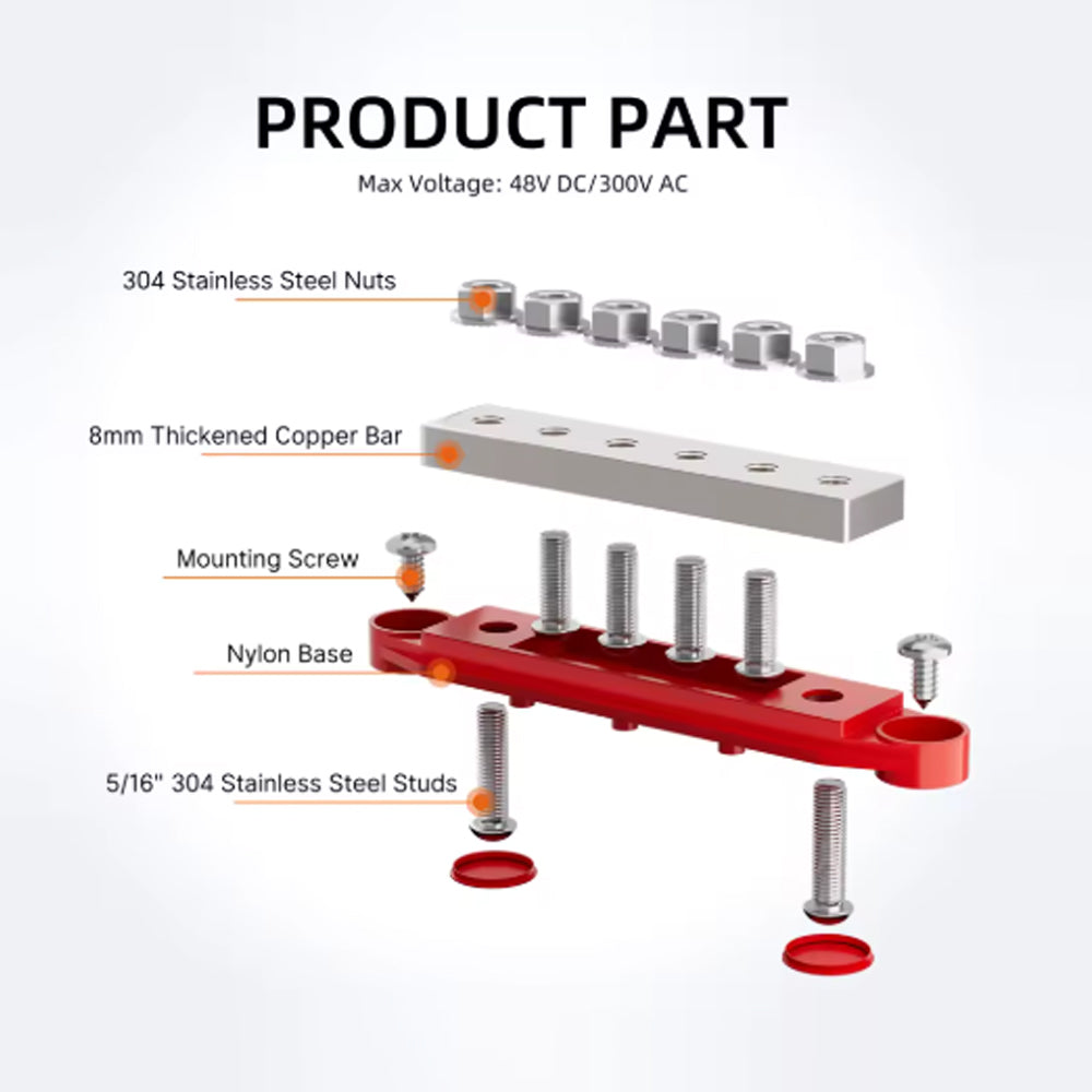 Dual M8 Bus Bar 12V-48V 400A Power Distribution Block 6xM8 Posts Studs Terminals