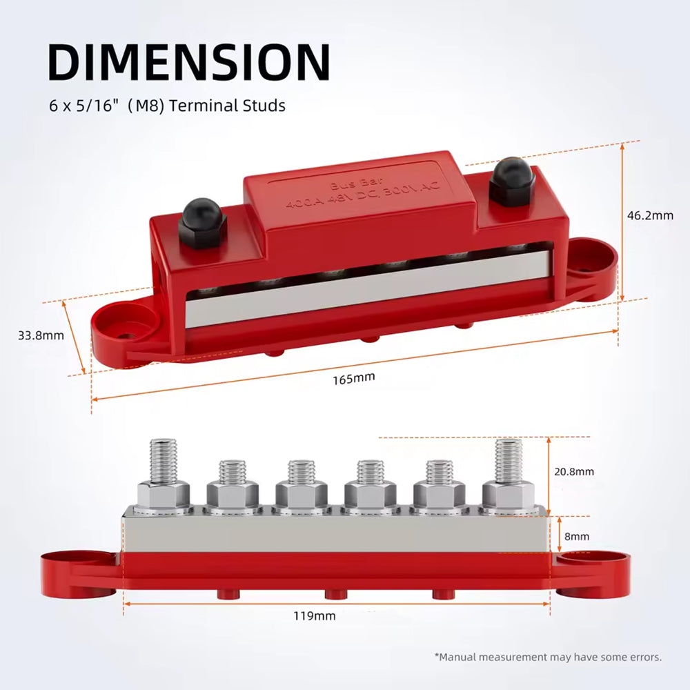 Dual M8 Bus Bar 12V-48V 400A Power Distribution Block 6xM8 Posts Studs Terminals