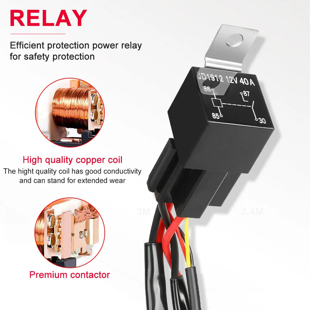 3M 12V 40A Wiring Harness Relay Loom Cable Kit for 2pcs LED Light bars Work Lamp