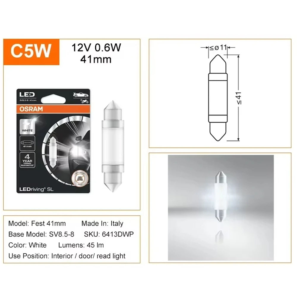 1 x OSRAM C5W LED Festoon 41mm 12V 6000K White LEDriving SL Osram 41mm Festoon