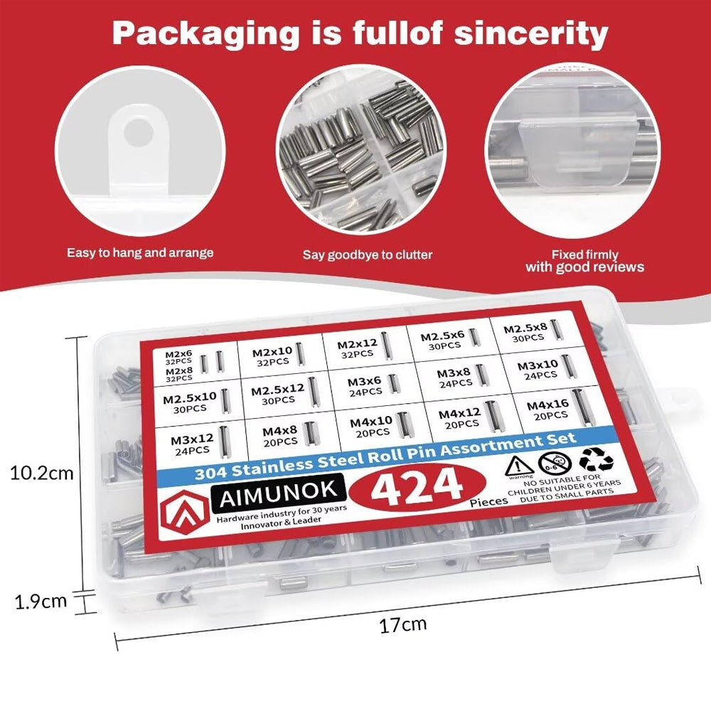 424pcs Stainless Steel Roll Pins Kit Spring Dowels Slotted Pins and Split Pins