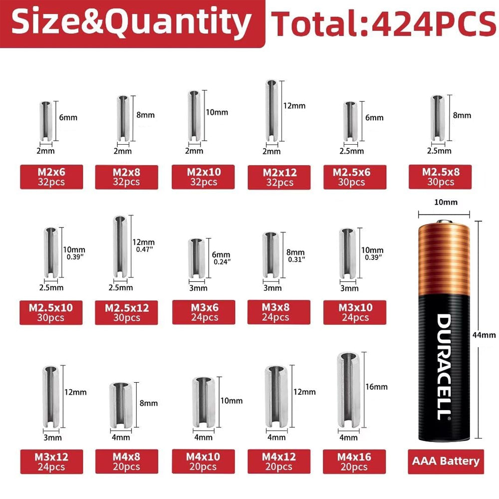 424pcs Stainless Steel Roll Pins Kit Spring Dowels Slotted Pins and Split Pins