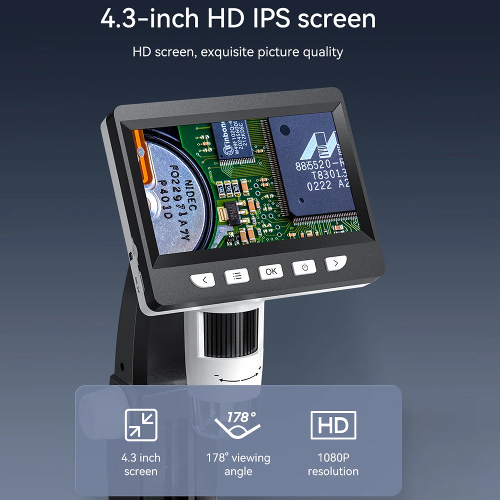 4.3 inch IPS 1000X Digital Microscope 1080P 8 LEDs Coin Microscope Magnifier