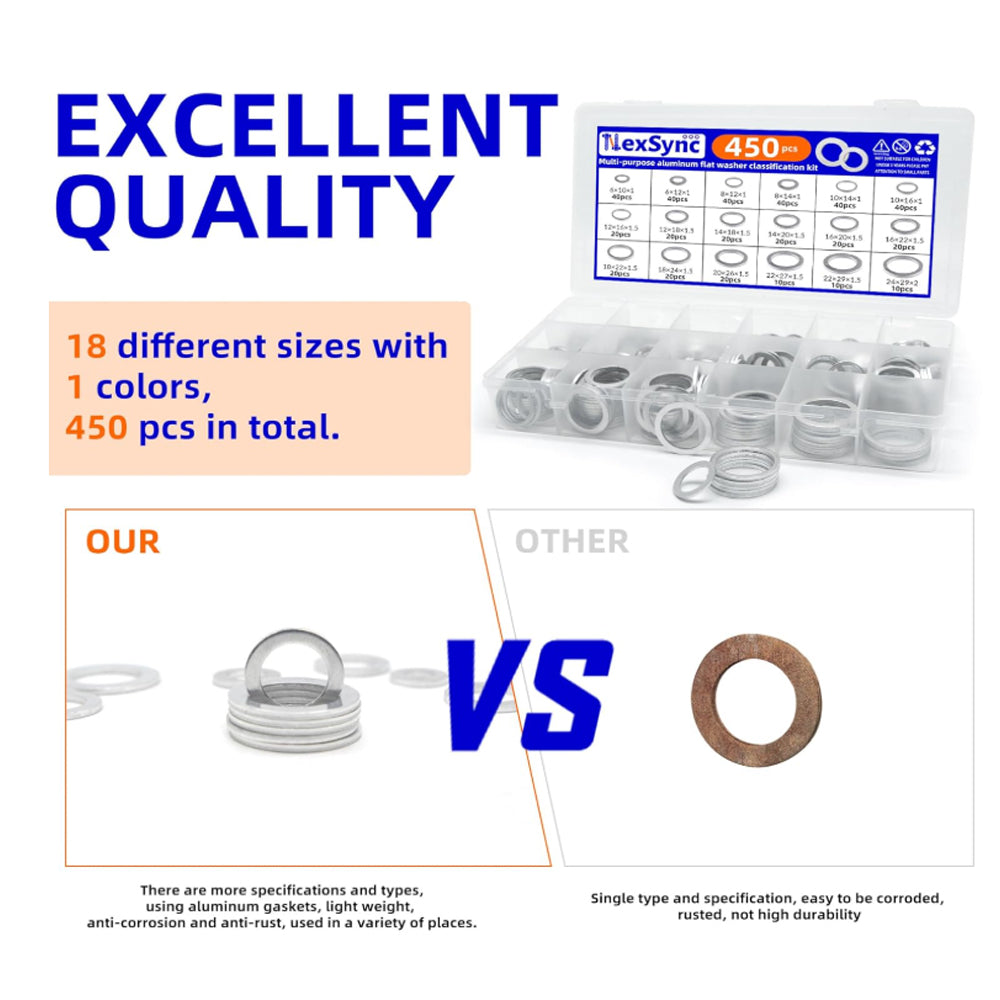 450pcs Aluminum Flat Washers Assortment Kits 18 Sizes M5-M24 Crush Washers
