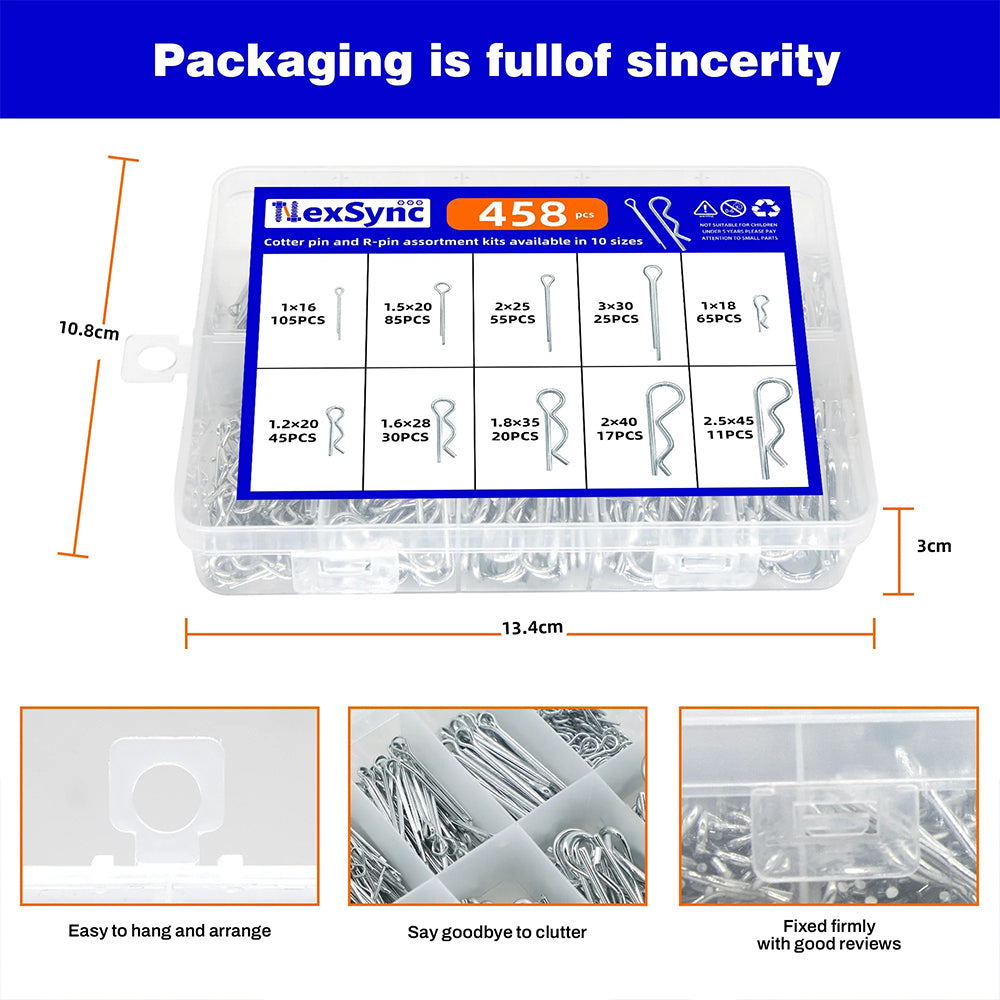 458pcs Cotter Pins and R Pins Assortment Kit 10 sizes Hairpin Cotter Pins R Clip