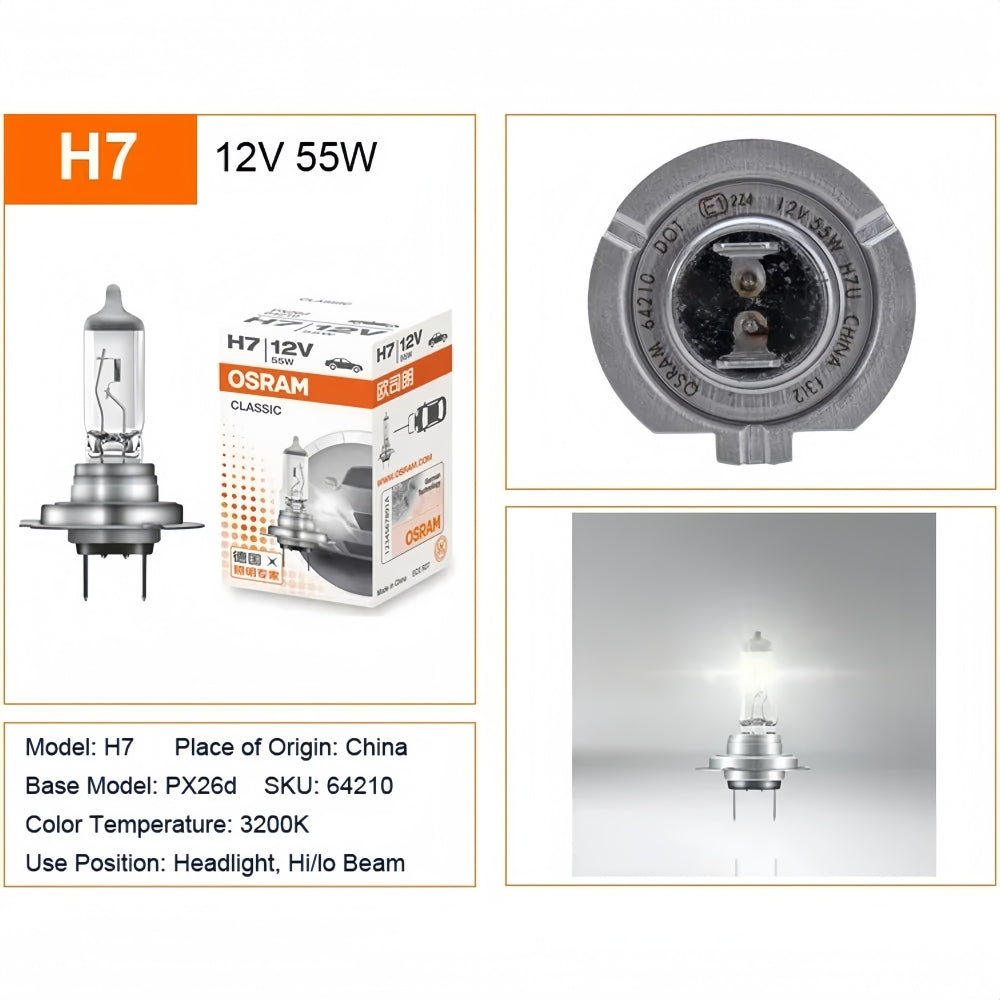 2 x Osram H7 12V 55W Halogen Headlight Bulbs 64210 3200K Car Headlamp Globes