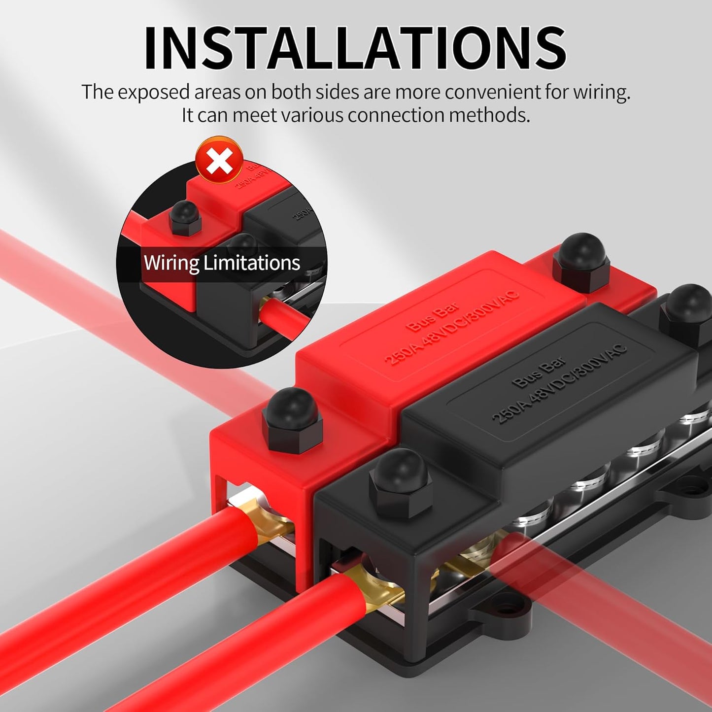 Dual M8 Bus Bar 12V-48V 250A Power Distribution Block 12xM8 Posts Studs Terminal