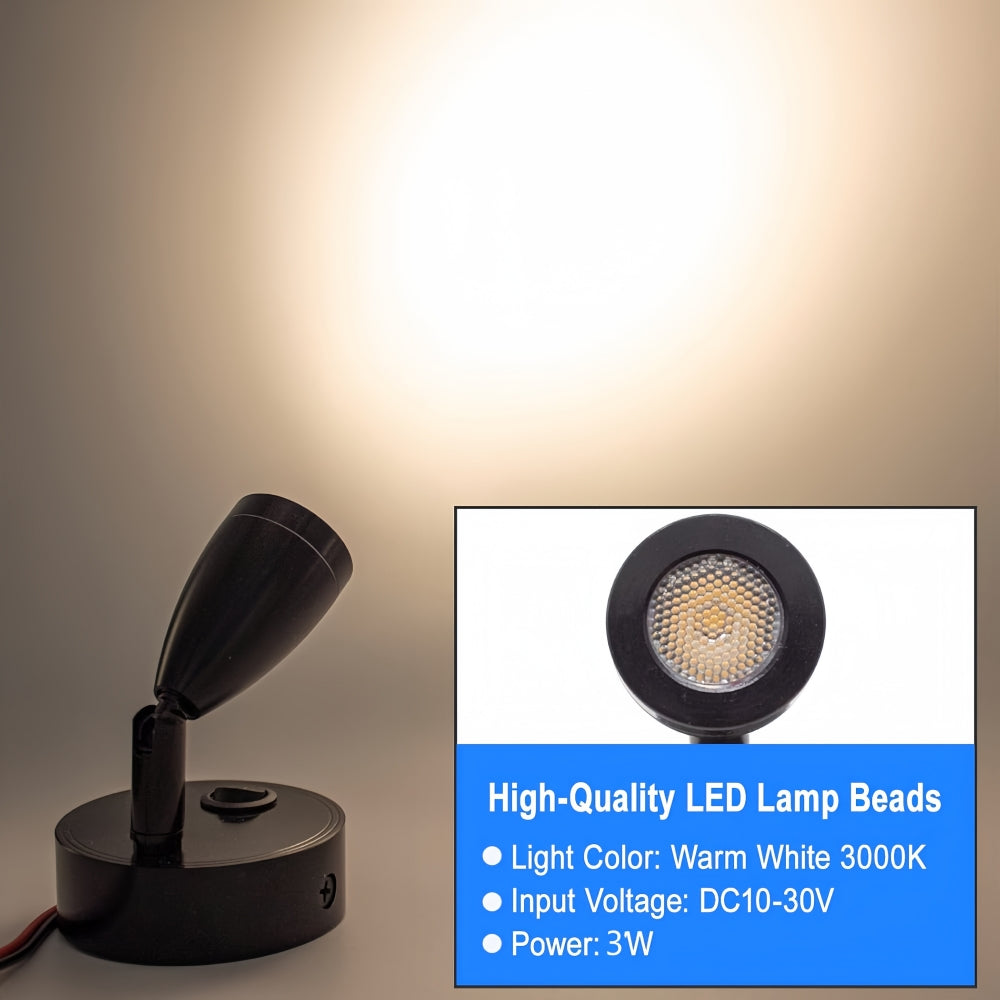 12v-24v Black Warm White LED Bedside Reading Light with Switch and USB (1pc)