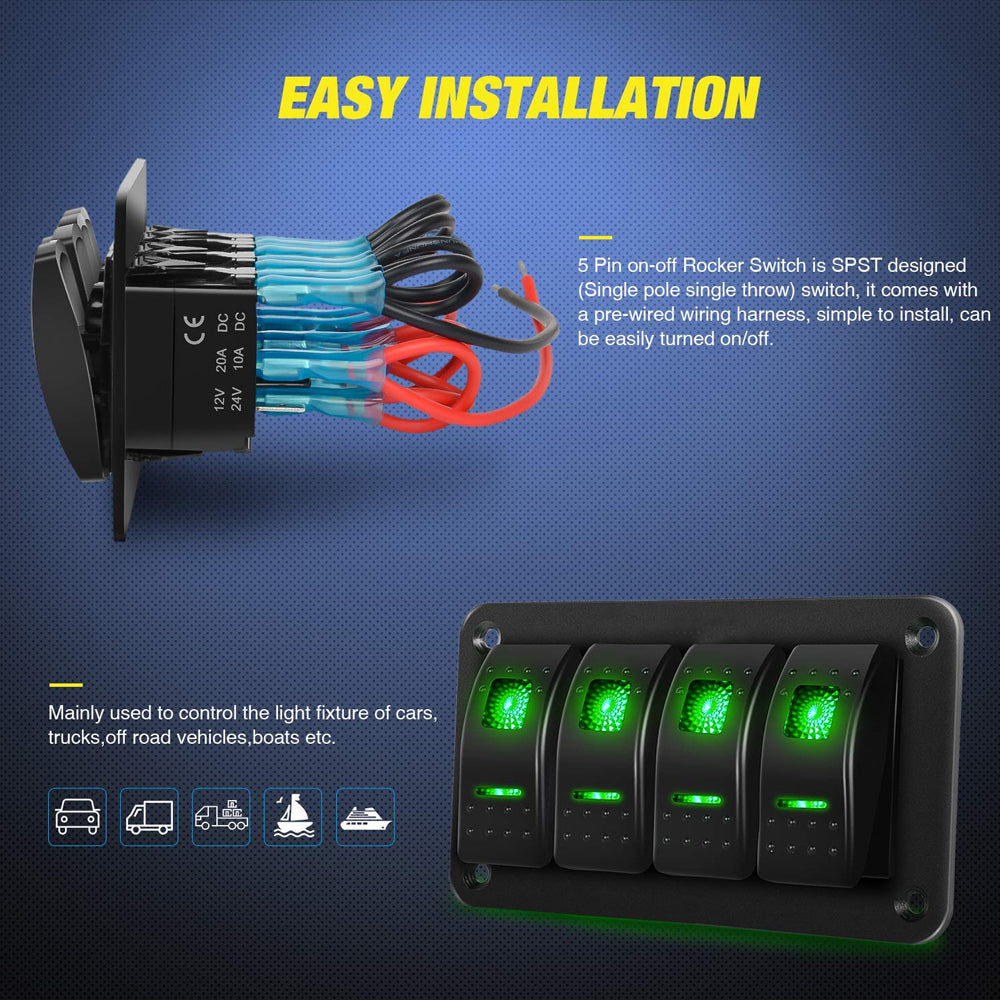 Pre Wired 4 Gang Switch Panel Green LED Rocker Switch Panel 12-24V Car Marine