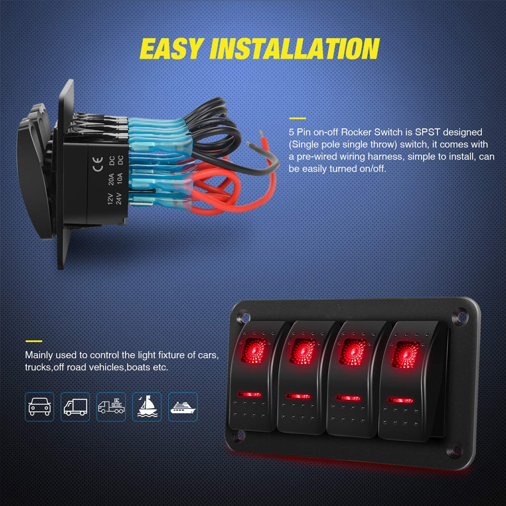 Pre Wired 4 Gang Switch Panel Red LED Rocker Switch Panel 12-24V Car Marine