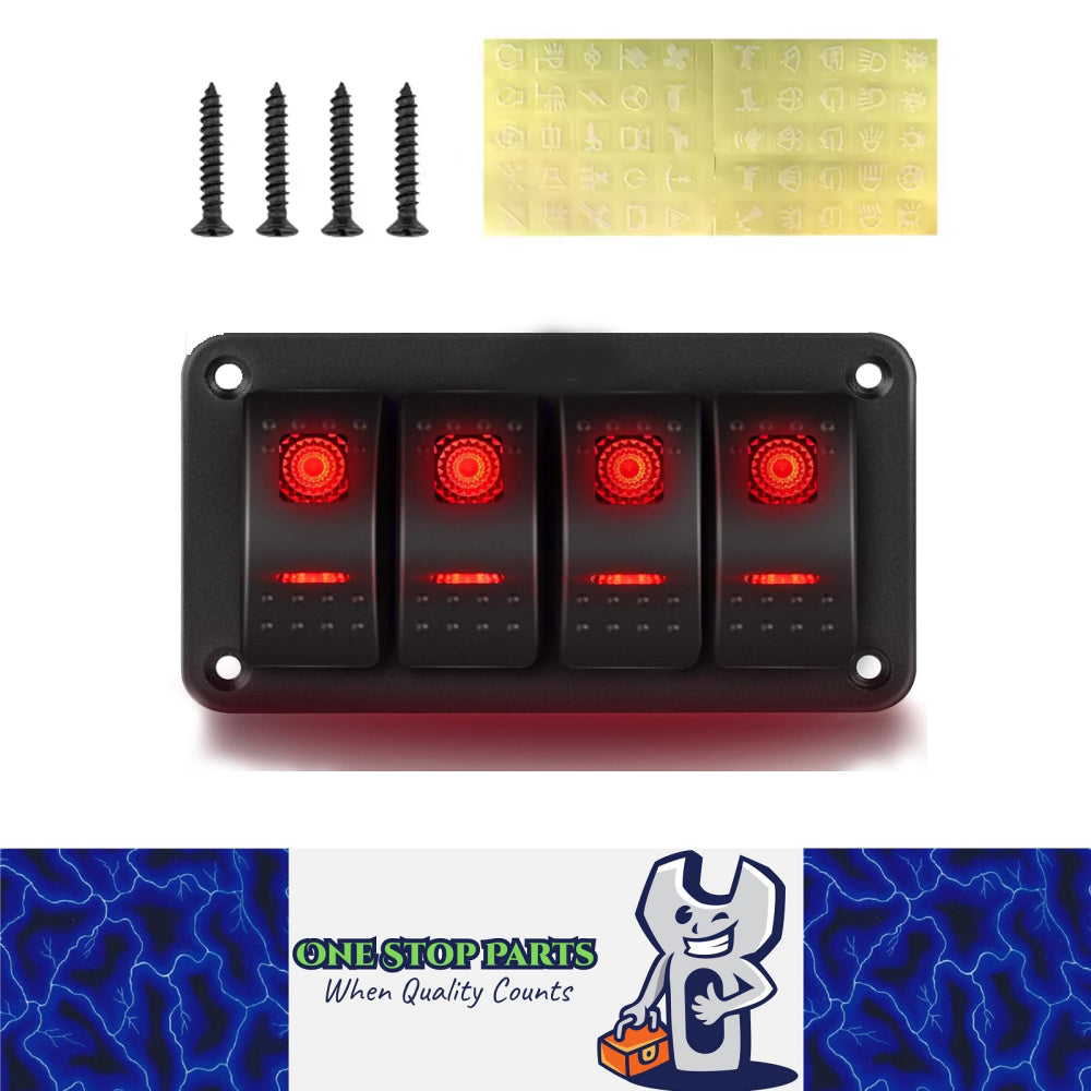 Pre Wired 4 Gang Switch Panel Red LED Rocker Switch Panel 12-24V Car Marine
