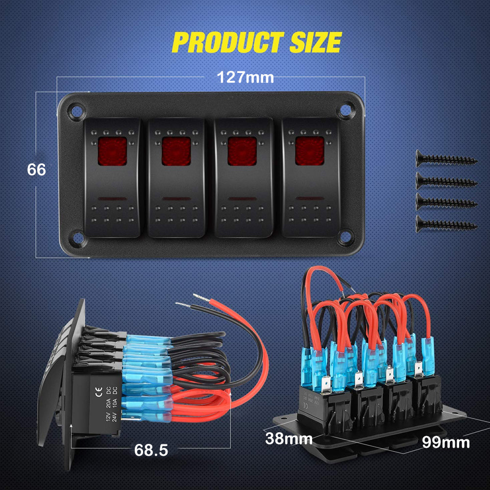 Pre Wired 4 Gang Switch Panel Red LED Rocker Switch Panel 12-24V Car Marine
