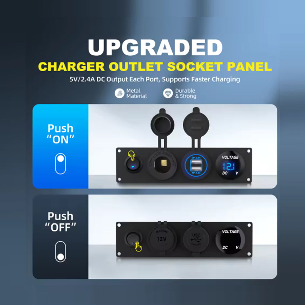 12V 24V 1 Gang Rocker Switch Panel LED Voltmeter Dual USB Port 12V Outlet 4 in 1