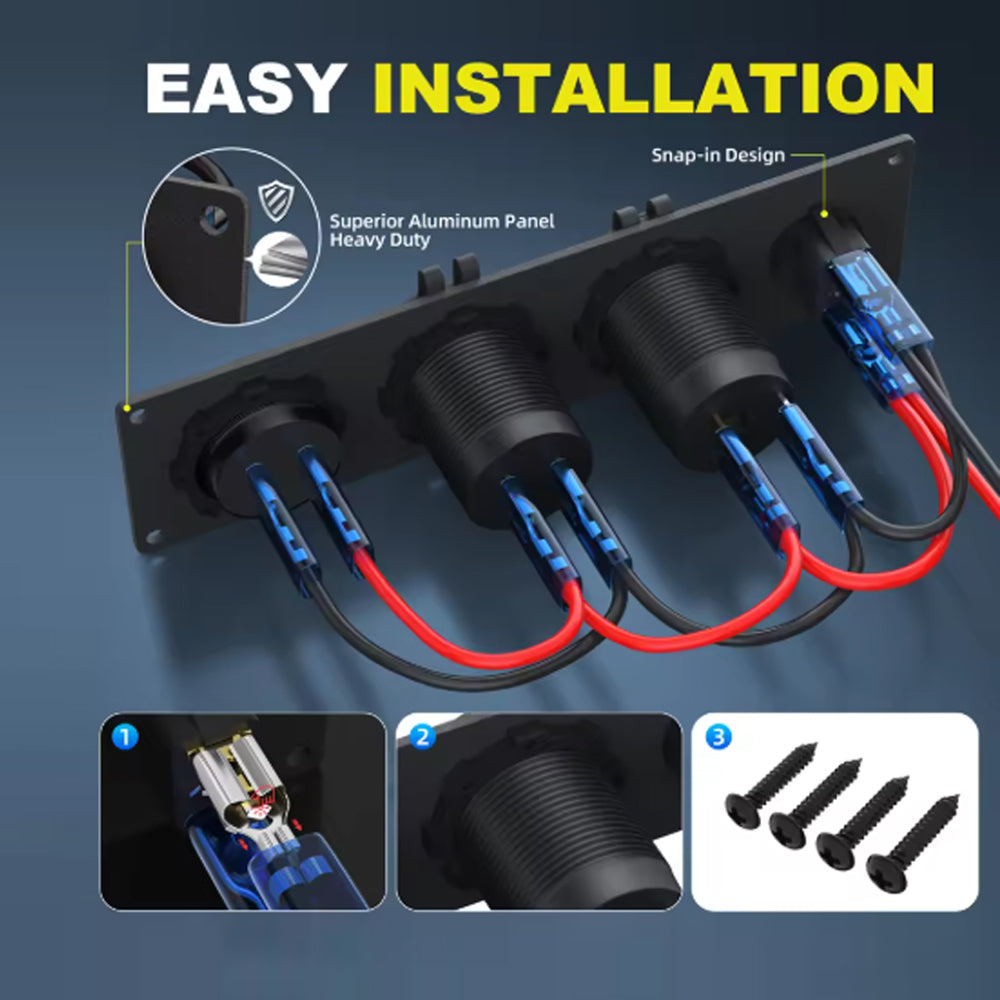 12V 24V 1 Gang Rocker Switch Panel LED Voltmeter Dual USB Port 12V Outlet 4 in 1