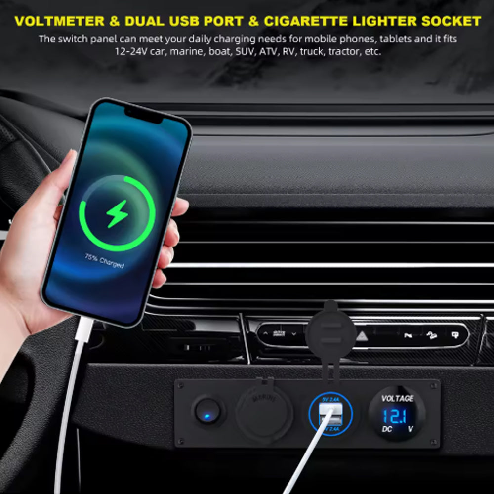12V 24V 1 Gang Rocker Switch Panel LED Voltmeter Dual USB Port 12V Outlet 4 in 1