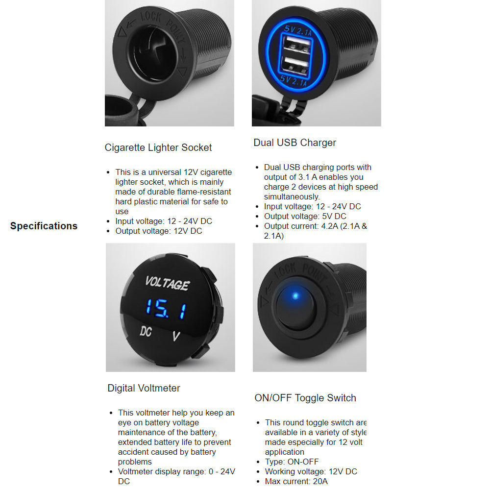 12V 24V 1 Gang Rocker Switch Panel LED Voltmeter Dual USB Port 12V Outlet 4 in 1