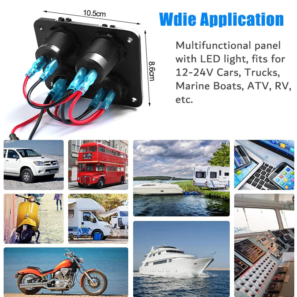 4 in1 Red LED Switch Panel 12V QC3.0+Dual PD USB Charger Voltmeter Power Socket