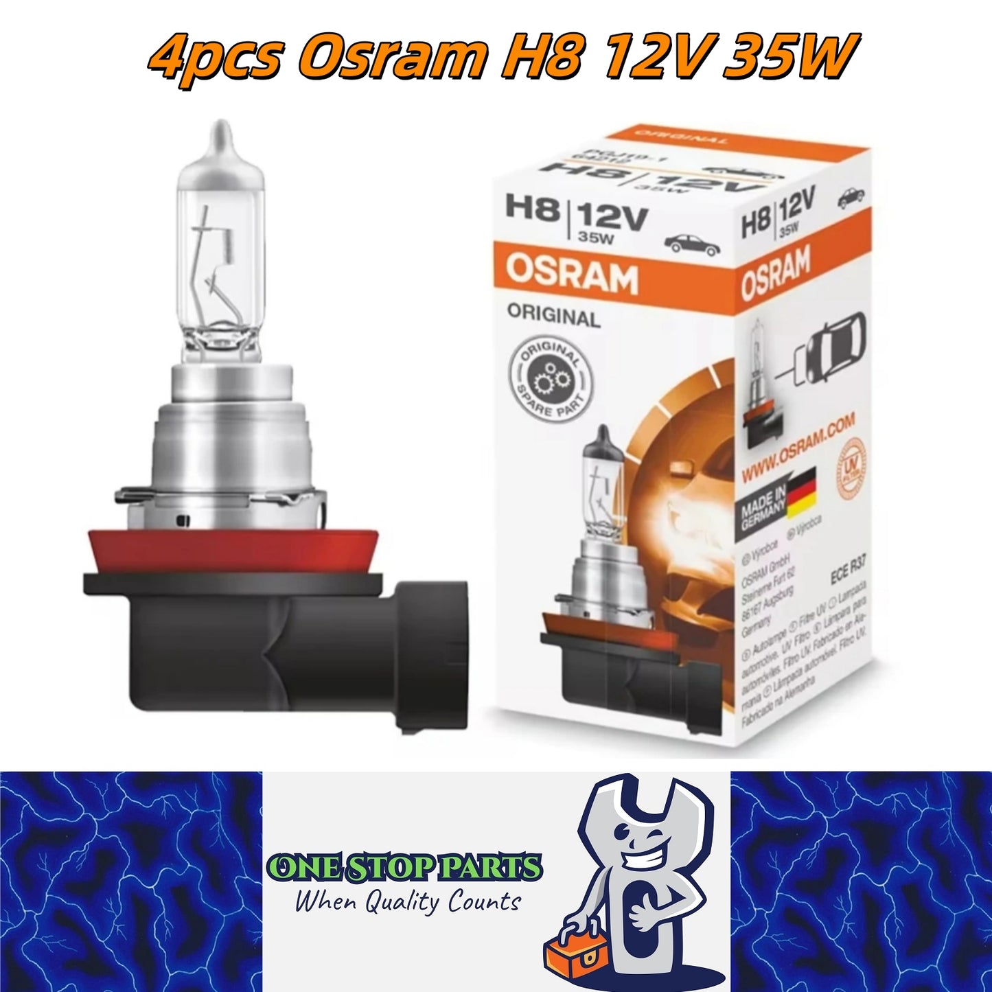 4 x Osram 12V H8 35W Halogen Clear Globes 3200K Original 64212 PGJ19-1 (4pcs)
