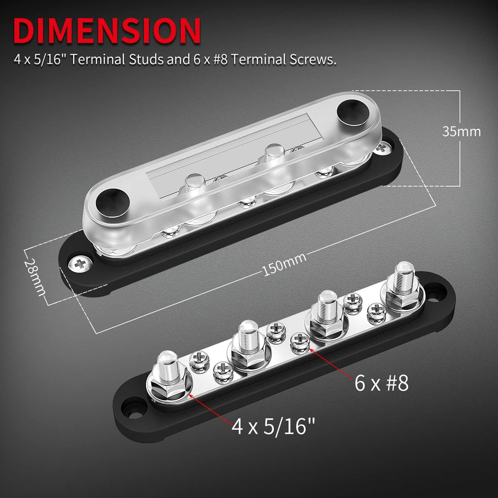 M8 Bus Bar 12V-48V 150A Power Distribution Block 4xM8 Posts Studs 6xM4 Terminals